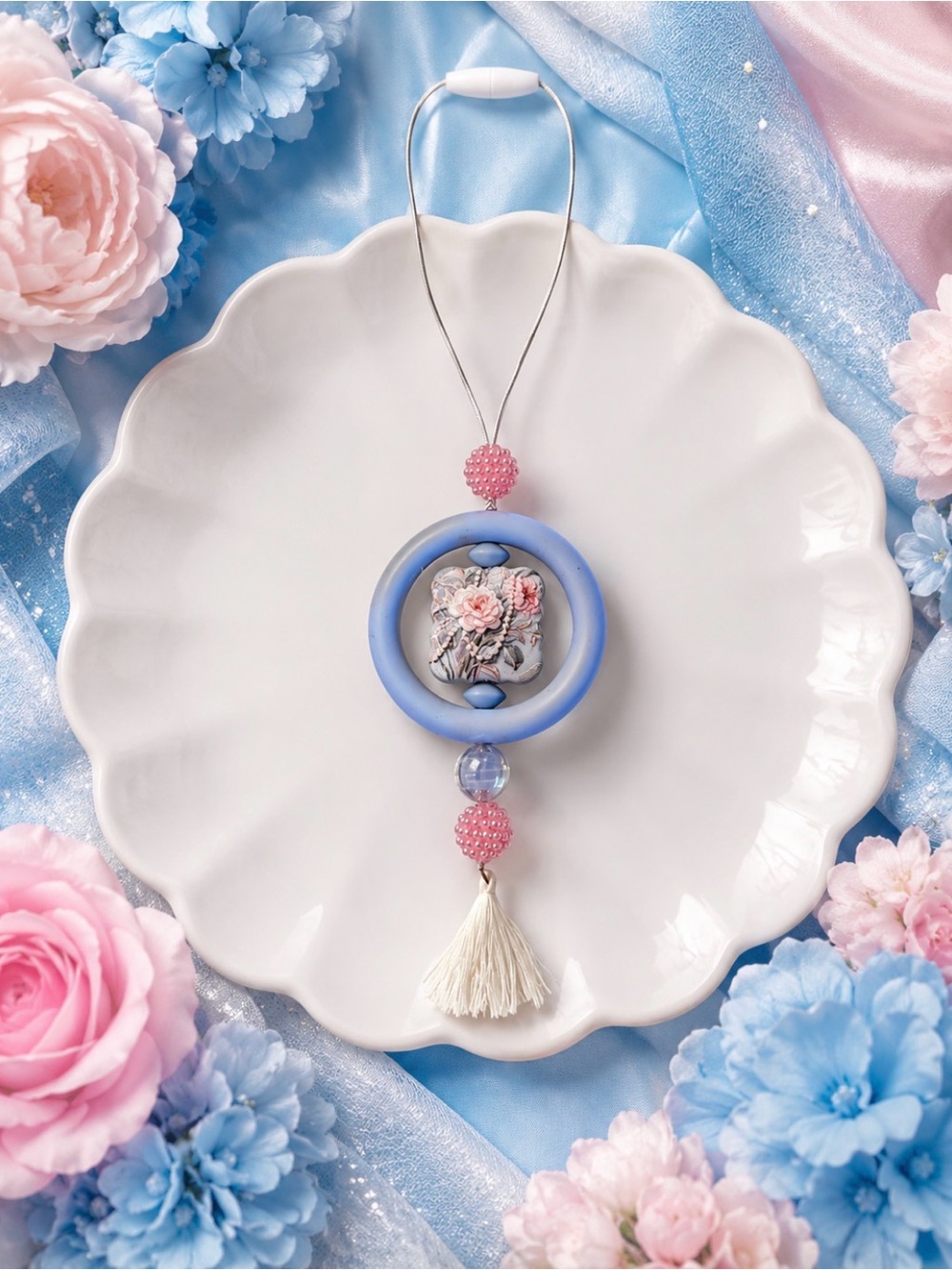 Hand Crafted Pink & Blue Floral Car Charm